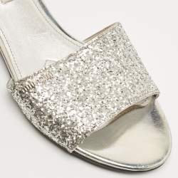 Pre Owned Miu Miu Silver Glitter Flat Slides Size 35