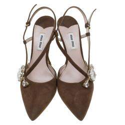 Pre Owned Miu Miu Brown Suede Jewel Embellished Strappy Sandals Size 39