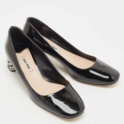 Miu Miu Black Patent Leather Crystal Embellished Heel Pumps Size 37