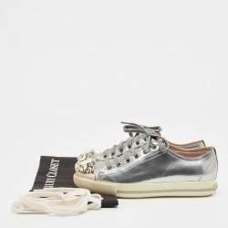 Pre Owned Miu Miu Silver Patent Crystal Embellished Cap Toe Sneakers Size 35.5