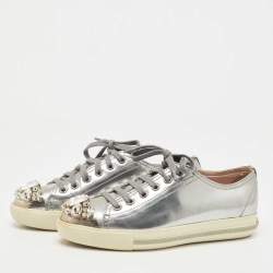 Pre Owned Miu Miu Silver Patent Crystal Embellished Cap Toe Sneakers Size 35.5