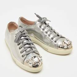 Pre Owned Miu Miu Silver Patent Crystal Embellished Cap Toe Sneakers Size 35.5