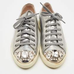 Pre Owned Miu Miu Silver Patent Crystal Embellished Cap Toe Sneakers Size 35.5