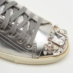 Pre Owned Miu Miu Silver Patent Crystal Embellished Cap Toe Sneakers Size 35.5