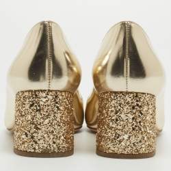 Pre Owned Miu Miu Dull Gold Leather Glitter Heel Round-Toe Pumps Size 37