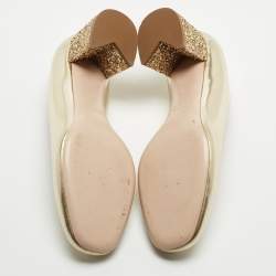 Pre Owned Miu Miu Dull Gold Leather Glitter Heel Round-Toe Pumps Size 37