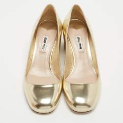 Pre Owned Miu Miu Dull Gold Leather Glitter Heel Round-Toe Pumps Size 37