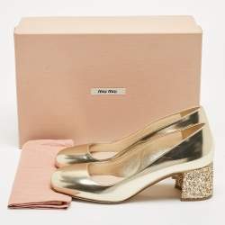 Pre Owned Miu Miu Dull Gold Leather Glitter Heel Round-Toe Pumps Size 37
