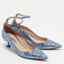 Miu Miu Blue Glitter Crystal Embellished Ankle Strap Pointed Toe Pumps Size 38