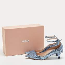 Miu Miu Blue Glitter Crystal Embellished Ankle Strap Pointed Toe Pumps Size 38
