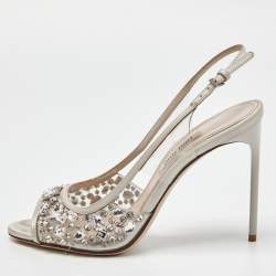 Pre Owned Miu Miu Silver Satin and PVC Crystal Embellished Slingback Pumps Size 36