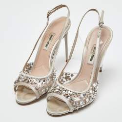 Pre Owned Miu Miu Silver Satin and PVC Crystal Embellished Slingback Pumps Size 36