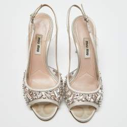 Pre Owned Miu Miu Silver Satin and PVC Crystal Embellished Slingback Pumps Size 36