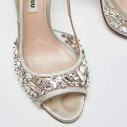 Pre Owned Miu Miu Silver Satin and PVC Crystal Embellished Slingback Pumps Size 36