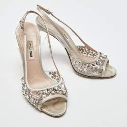 Pre Owned Miu Miu Silver Satin and PVC Crystal Embellished Slingback Pumps Size 36