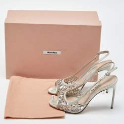 Pre Owned Miu Miu Silver Satin and PVC Crystal Embellished Slingback Pumps Size 36