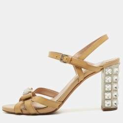 Pre Owned Miu Miu Beige Patent Leather Crystal Embellished Ankle Strap Sandals Size 38