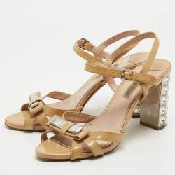 Pre Owned Miu Miu Beige Patent Leather Crystal Embellished Ankle Strap Sandals Size 38