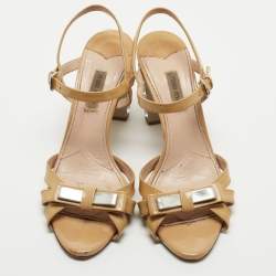Pre Owned Miu Miu Beige Patent Leather Crystal Embellished Ankle Strap Sandals Size 38