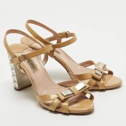 Pre Owned Miu Miu Beige Patent Leather Crystal Embellished Ankle Strap Sandals Size 38