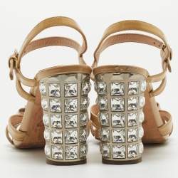 Pre Owned Miu Miu Beige Patent Leather Crystal Embellished Ankle Strap Sandals Size 38
