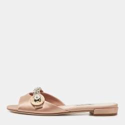 Miu Miu Beige Satin Crystal Embellished Slide Flats Size 36