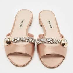 Miu Miu Beige Satin Crystal Embellished Slide Flats Size 36