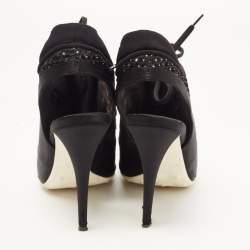 Miu Miu Black Satin and Mesh Open Toe Lace Up Slingback Booties Size 37