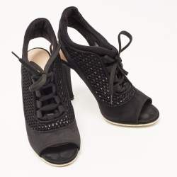 Miu Miu Black Satin and Mesh Open Toe Lace Up Slingback Booties Size 37