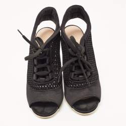 Miu Miu Black Satin and Mesh Open Toe Lace Up Slingback Booties Size 37