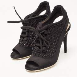 Miu Miu Black Satin and Mesh Open Toe Lace Up Slingback Booties Size 37
