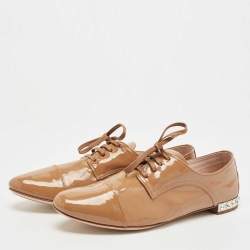Miu Miu Beige Patent Leather Crystal Embellished Lace Derby Size 38