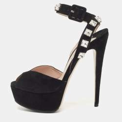 Miu Miu Black Suede Crystal Embellished Platform Ankle Strap Sandals Size 36