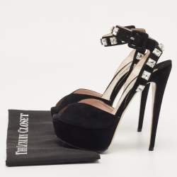 Miu Miu Black Suede Crystal Embellished Platform Ankle Strap Sandals Size 36