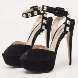 Miu Miu Black Suede Crystal Embellished Platform Ankle Strap Sandals Size 36