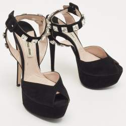 Miu Miu Black Suede Crystal Embellished Platform Ankle Strap Sandals Size 36