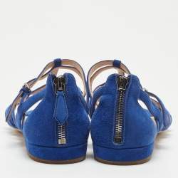 Miu Miu Blue Suede Buckle Detail Strappy Flat Sandals Size 39.5