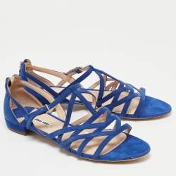 Miu Miu Blue Suede Buckle Detail Strappy Flat Sandals Size 39.5