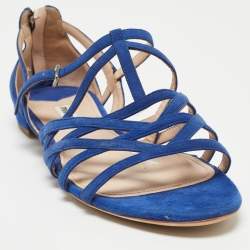 Miu Miu Blue Suede Buckle Detail Strappy Flat Sandals Size 39.5