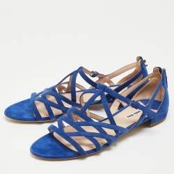 Miu Miu Blue Suede Buckle Detail Strappy Flat Sandals Size 39.5