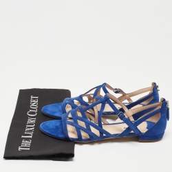 Miu Miu Blue Suede Buckle Detail Strappy Flat Sandals Size 39.5