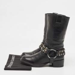 Pre Owned Miu Miu Black Leather Studded Accents Riding Mid Calf Boots Size 36.5