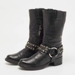 Pre Owned Miu Miu Black Leather Studded Accents Riding Mid Calf Boots Size 36.5