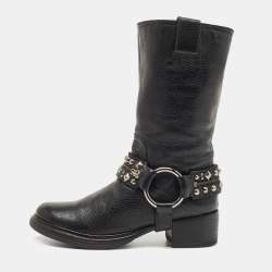 Pre Owned Miu Miu Black Leather Studded Accents Riding Mid Calf Boots Size 36.5