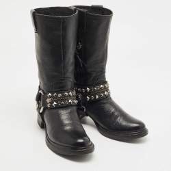 Pre Owned Miu Miu Black Leather Studded Accents Riding Mid Calf Boots Size 36.5