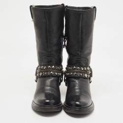 Pre Owned Miu Miu Black Leather Studded Accents Riding Mid Calf Boots Size 36.5