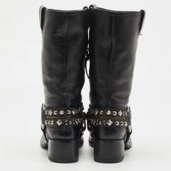 Pre Owned Miu Miu Black Leather Studded Accents Riding Mid Calf Boots Size 36.5