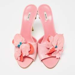 Pre Owned Miu Miu Pink Leather Flower Embellished Mules Size 38.5