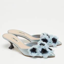 Miu Miu Blue Satin Floral Applique Mules Size 38