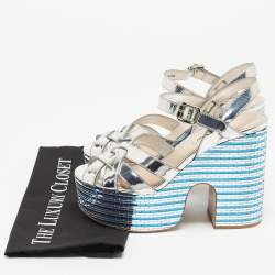 Pre Owned Miu Miu Silver Leather Crystal Embellished Platform Ankle Strap Sandals Size 39